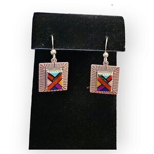 Vintage Navajo Signed Q.T. Inlaid Postage Stamp Sterling Silver Dangle Earrings